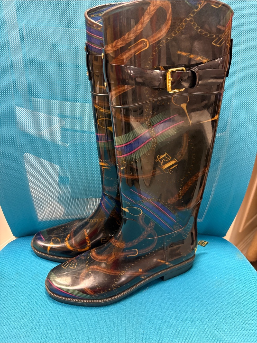 Ralph Lauren Black Patterned Tall Rain Boots with Gold Buckle